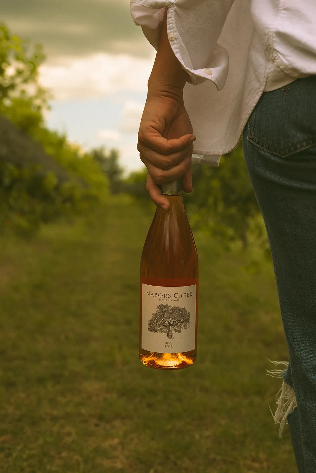 Person walking through the vineyard with Nabors Creek Rose bottle